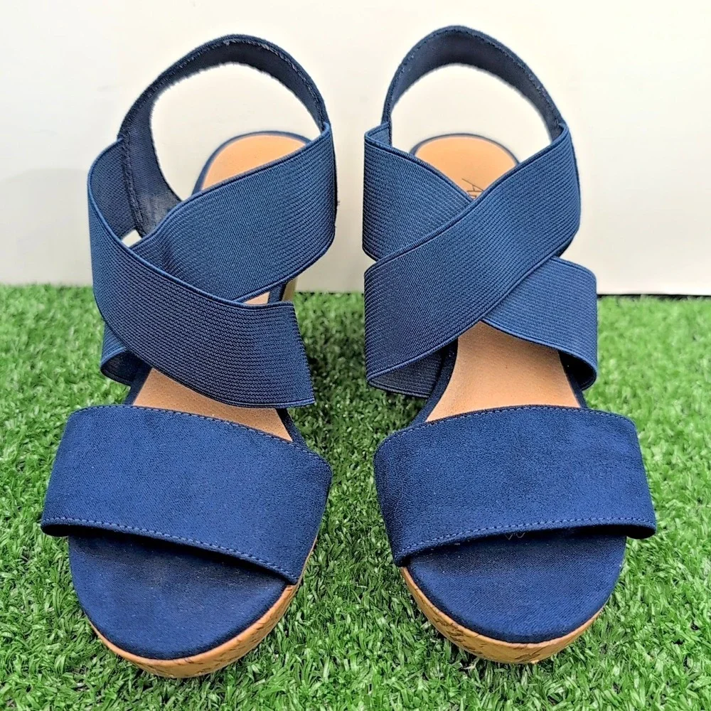 American Eagle AE Women's Shoes 5 Ryan Wedge Sandals Navy Blue Cork Heel‎ Straps